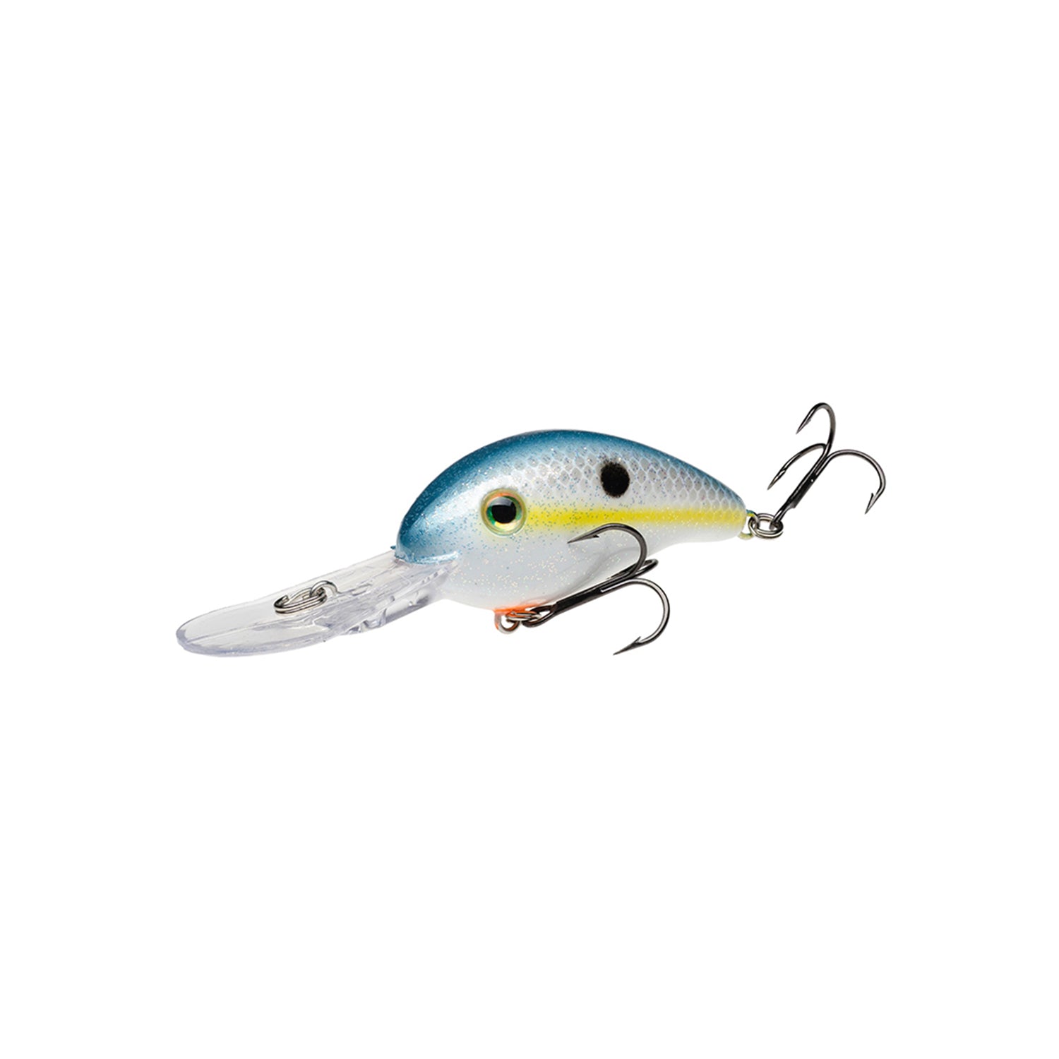 The Strike King 3XD Crankbait is a blue and silver, fish-shaped lure with two treble hooks and a clear plastic diving lip—perfect for bass fishing.