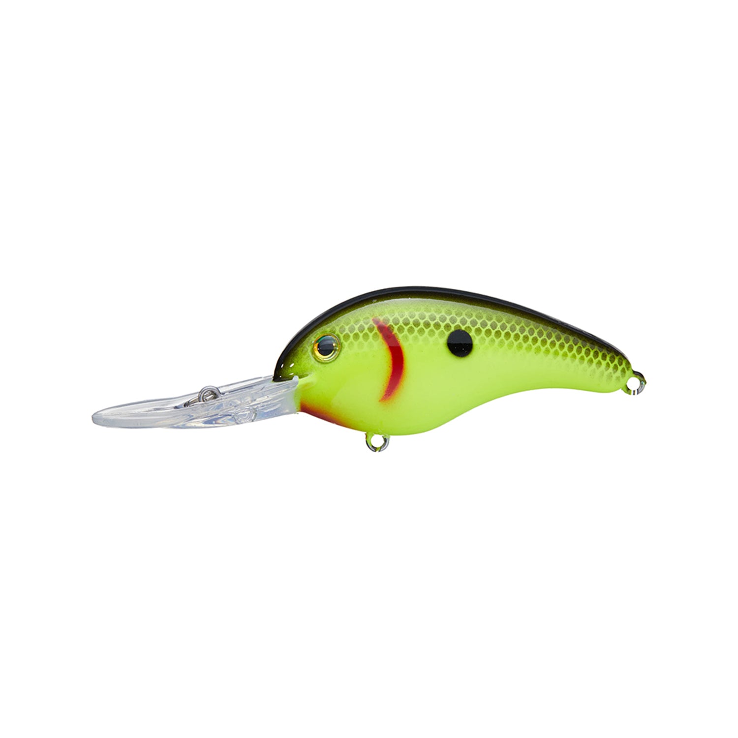 The Strike King 5XD Crankbait is a deep-diving lure with a green and yellow body, black spots, red streak, and clear plastic lip—perfect for anglers seeking extra depth and vibrant color from the trusted Strike King brand.