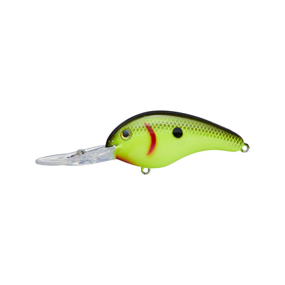 The Strike King 5XD Crankbait is a deep-diving lure with a green and yellow body, black spots, red streak, and clear plastic lip—perfect for anglers seeking extra depth and vibrant color from the trusted Strike King brand.