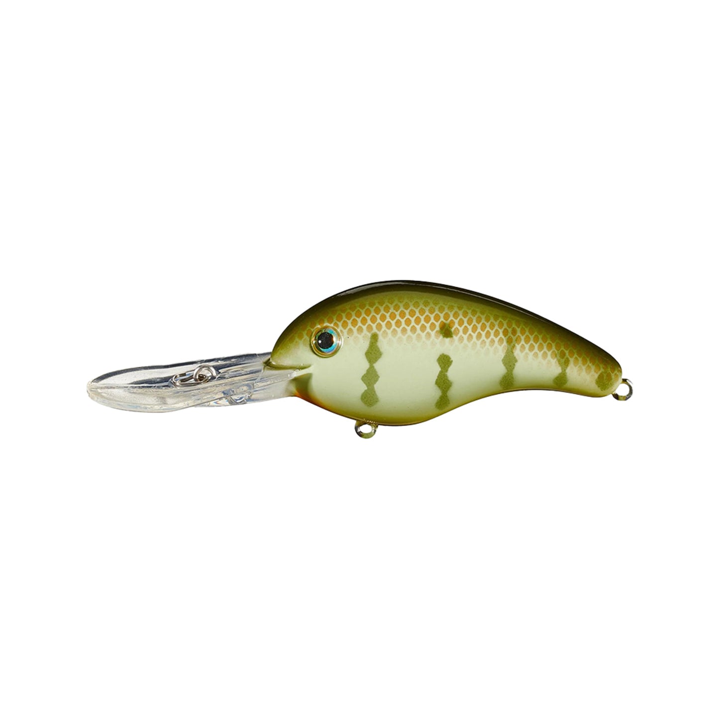 The Strike King 5XD Crankbait by Strike King is a fishing lure designed to look like a small fish, featuring a green and yellow pattern with black stripes and a large clear plastic lip, shown against a white background.
