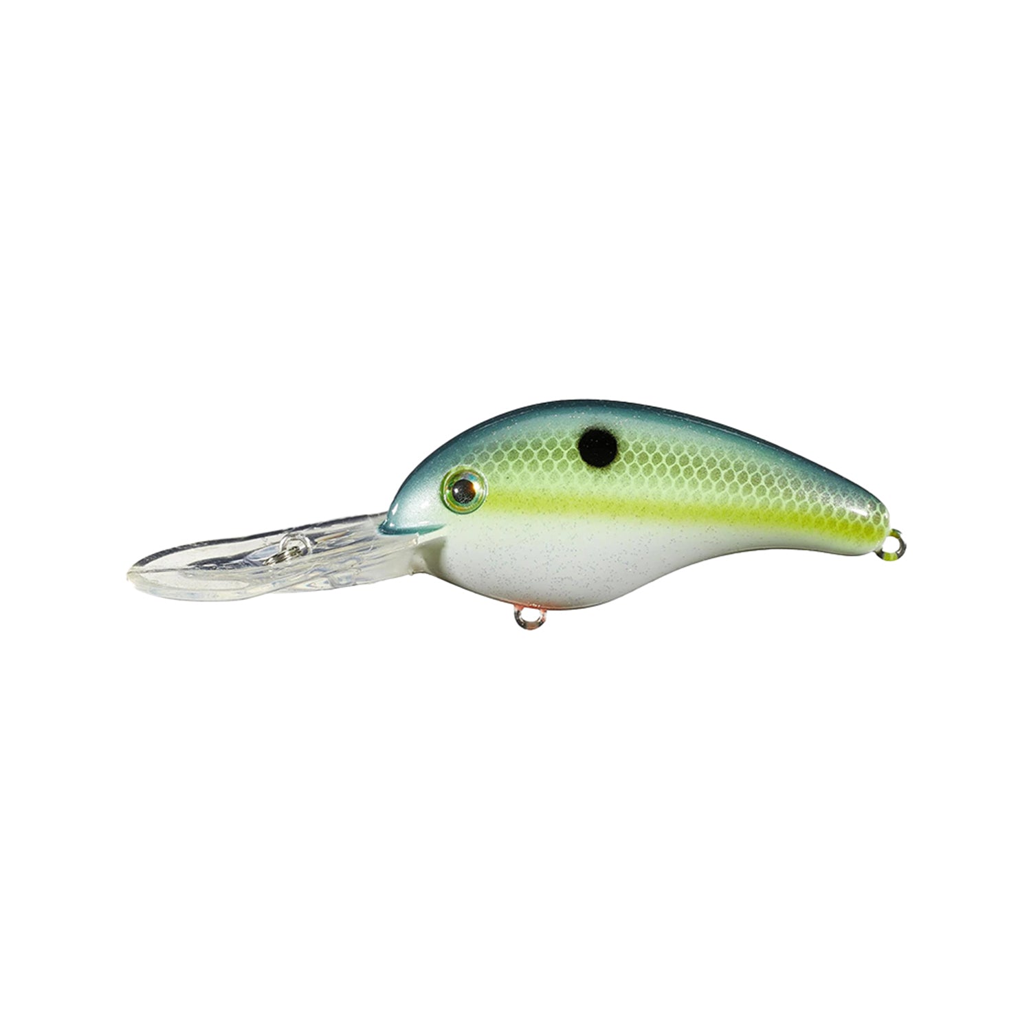 The Strike King 5XD Crankbait by Strike King is a fishing lure shaped like a small fish, with a silver belly, green and blue back, yellow accents, black spot, and a long clear plastic lip for deep-diving crankbait action.