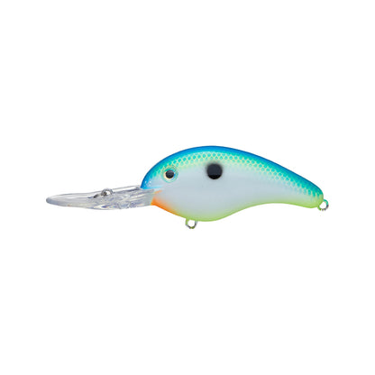 The Strike King 5XD Crankbait by Strike King features a blue-green back, yellow sides, white belly, orange under the mouth, a black head spot, and a clear plastic lip for deep-diving action.