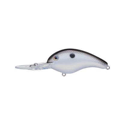 The Strike King 5XD Crankbait is a plastic lure with a curved body, gray top, white belly, black spots, painted eye, loops for line/hooks, and a large clear lip for extra-deep dives.