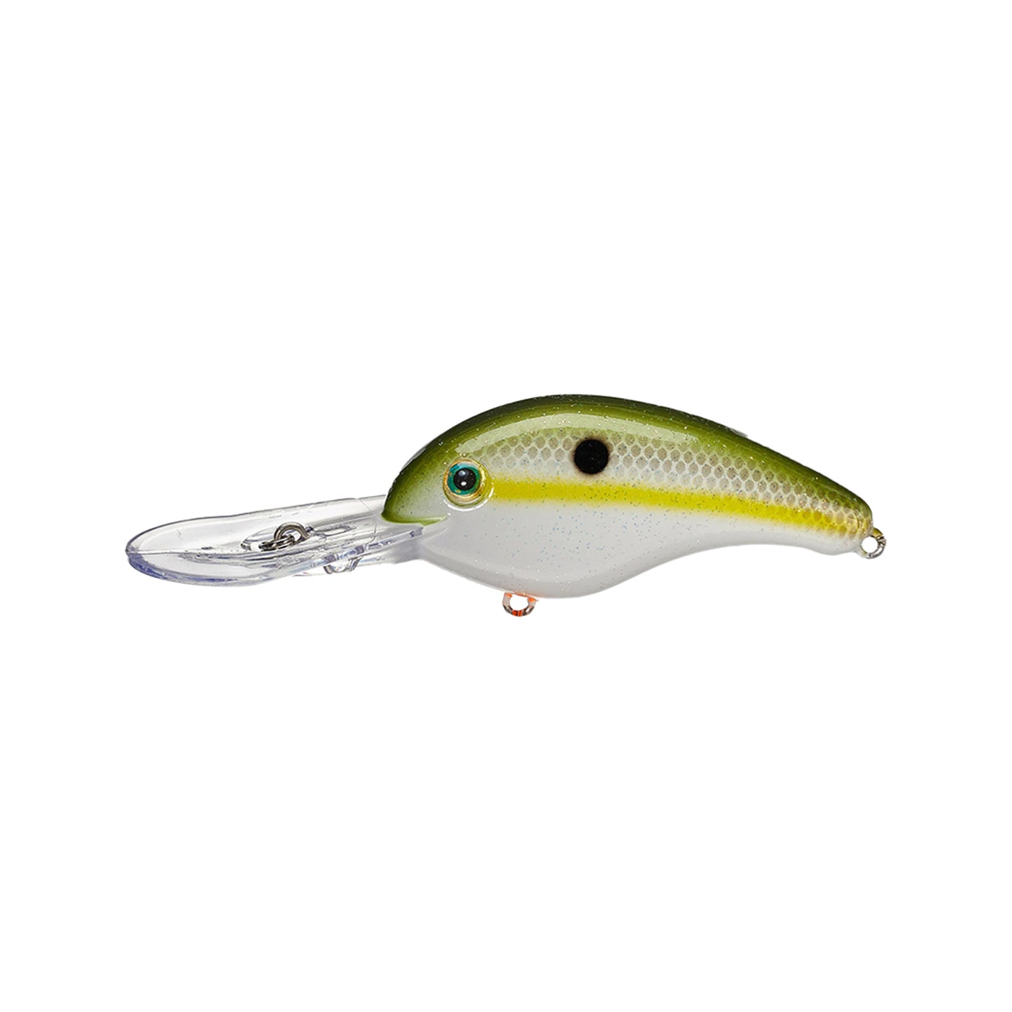 The Strike King 5XD Crankbait, shown on a white background, features a green and yellow body with a white belly, realistic fish scale pattern, and large translucent lip for extra-deep diving. Brand: Strike King.
