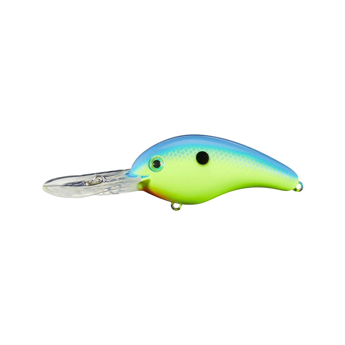The Strike King 5XD Crankbait by Strike King features a colorful deep-diving design with a bright yellow-green body, blue back, black spot near the eye, and a clear plastic lip, shown on a white background.