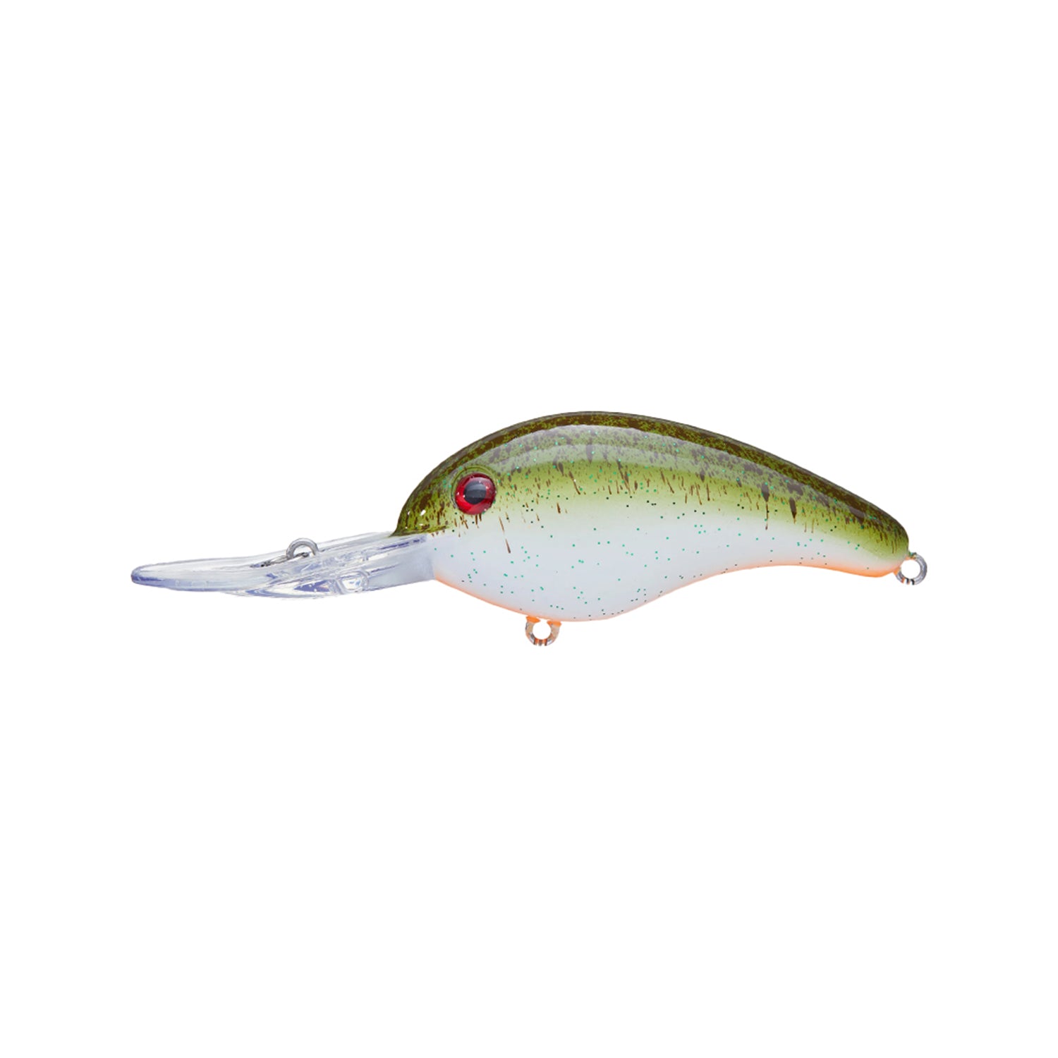 The Strike King 5XD Crankbait by Strike King is shown on a white background, featuring a green and white body, red eye, and long clear plastic lip designed for deep diving.