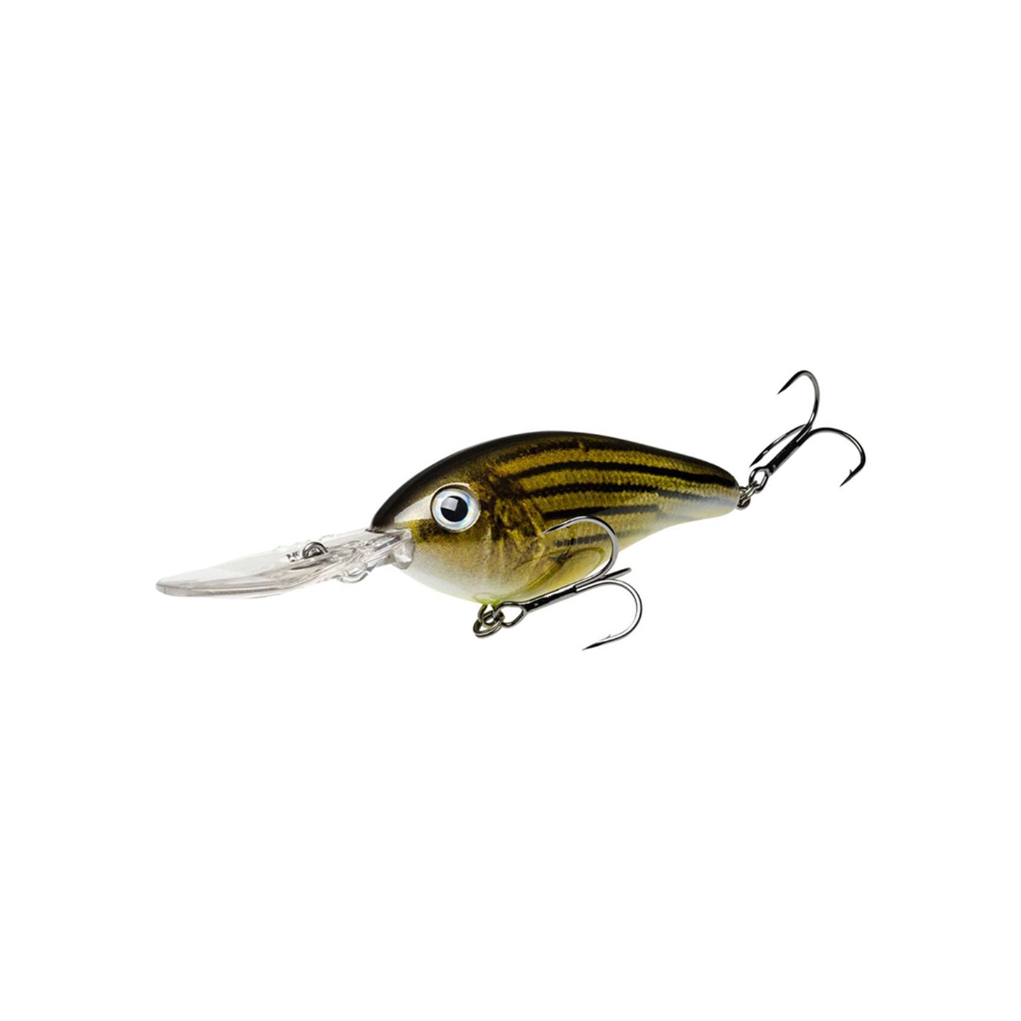 The Strike King 6XD Crankbait by Strike King is a realistic, fish-shaped deep diving lure with green and yellow stripes, a large eye, clear plastic lip, and two metal treble hooks—one underneath and one at the tail.