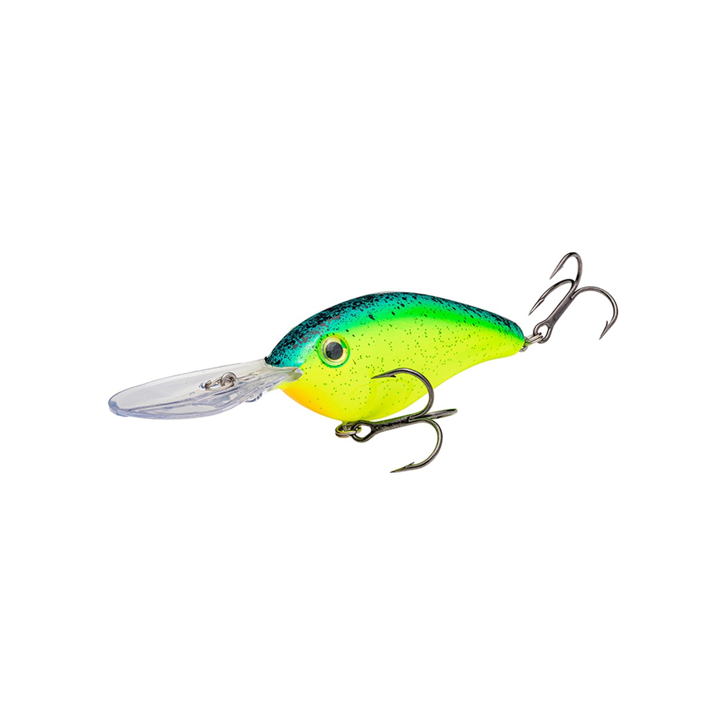 The Strike King 6XD Crankbait by Strike King is a brightly colored deep-diving crankbait with a green top, yellow belly, black speckles, two treble hooks, and a clear plastic bill for reaching deep water.