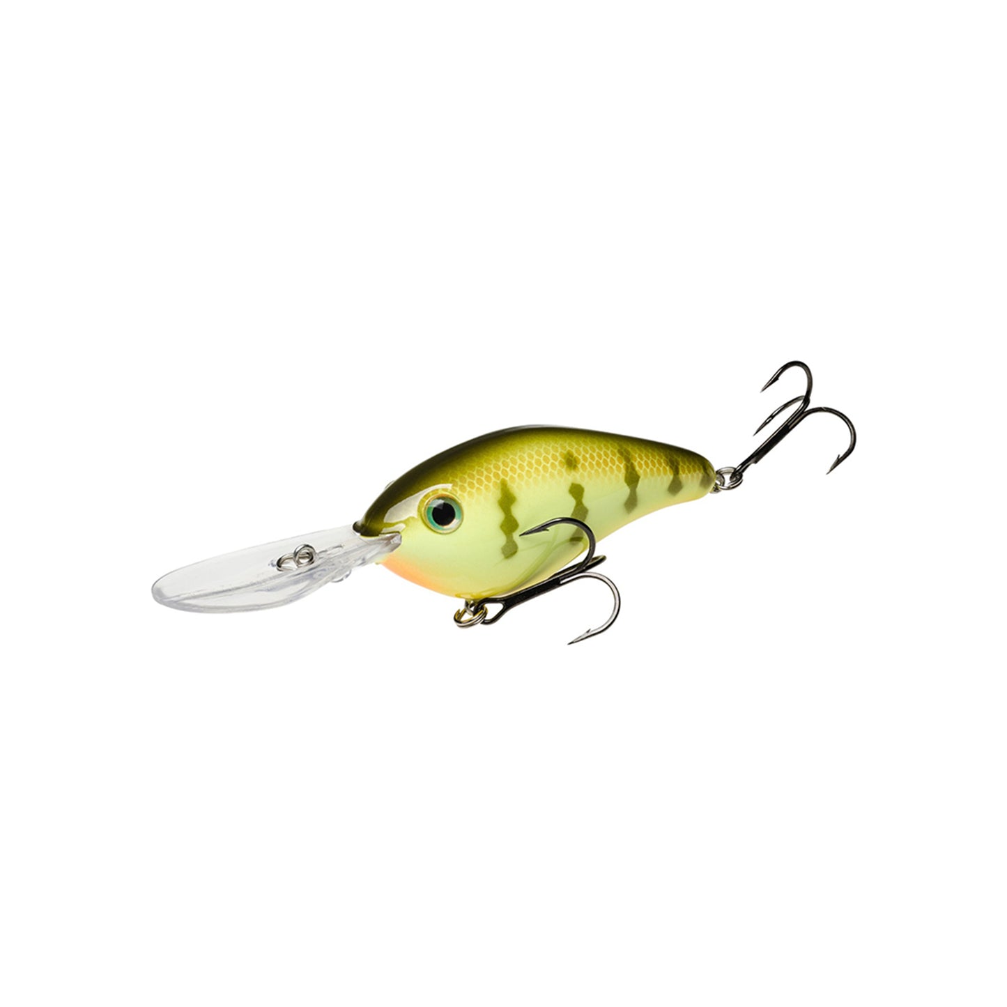 The Strike King 6XD Crankbait by Strike King is a green and yellow deep-diving lure with a fish-like pattern, large plastic lip, and two treble hooks on its underside and tail, shown on a white background.
