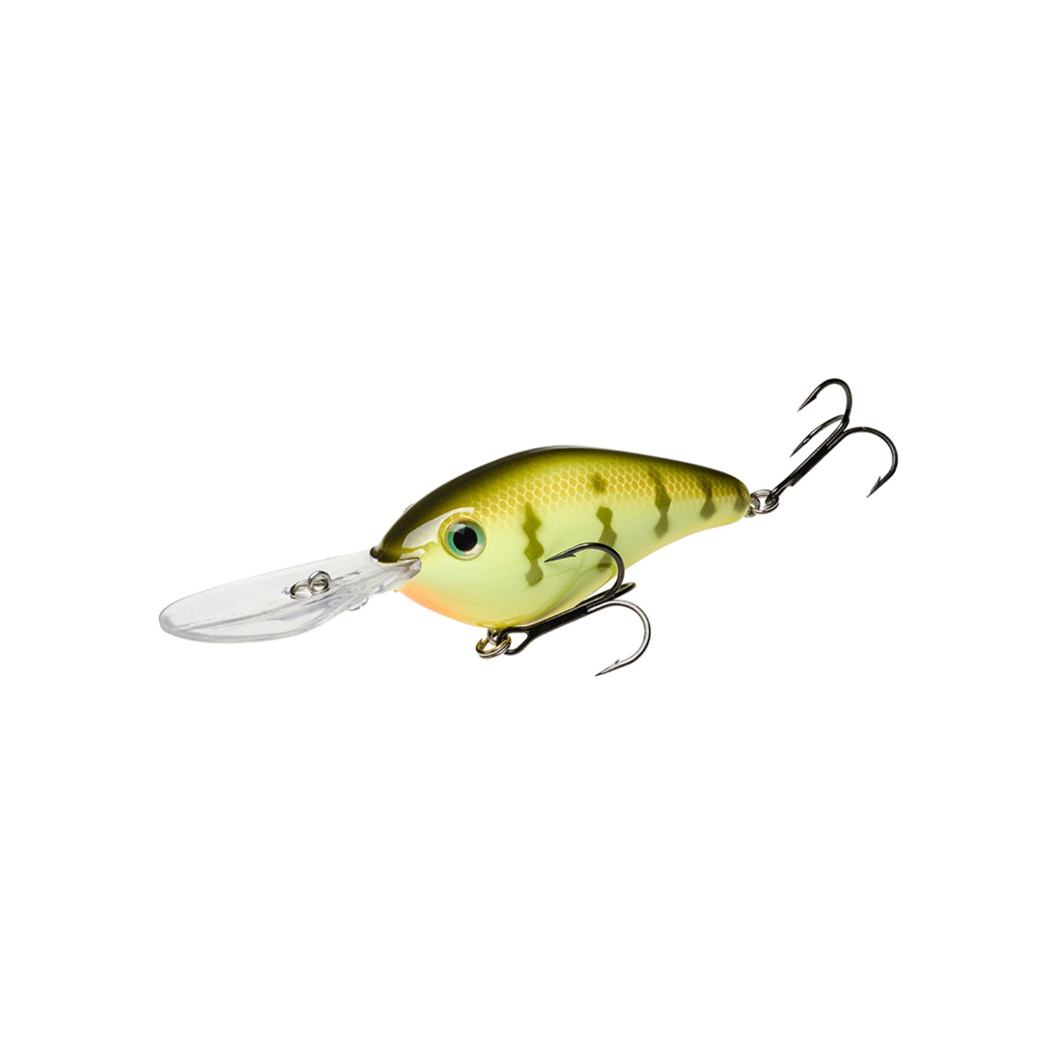 The Strike King 6XD Crankbait by Strike King is a green and yellow deep-diving lure with a fish-like pattern, large plastic lip, and two treble hooks on its underside and tail, shown on a white background.