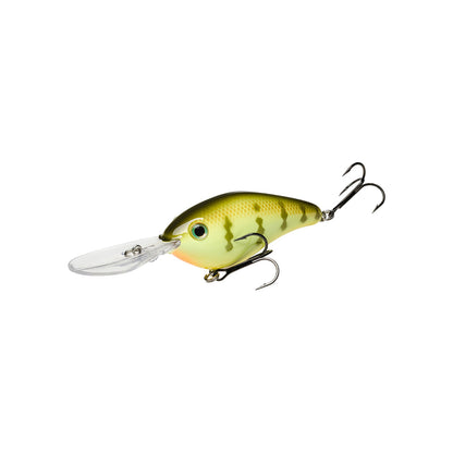 The Strike King 6XD Crankbait by Strike King is a green and yellow deep-diving lure with a fish-like pattern, large plastic lip, and two treble hooks on its underside and tail, shown on a white background.