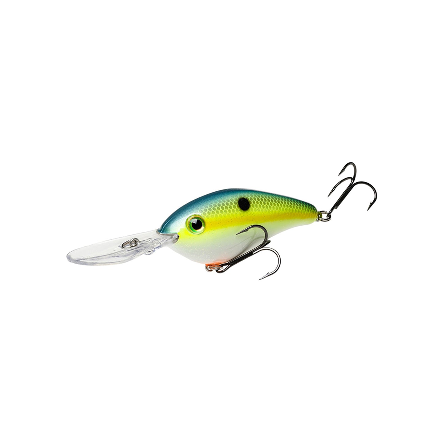 The Strike King 6XD Crankbait by Strike King is a deep diving lure with a blue-green back, yellow sides, black spot, two treble hooks, and a clear front plastic lip.