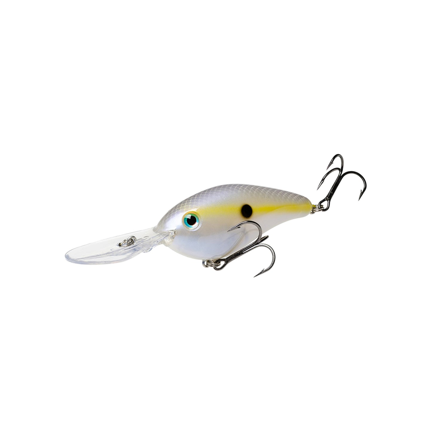 The Strike King 6XD Crankbait features a silver and yellow body, green eye, two treble hooks, and a clear plastic lip for deep dives. This Strike King lure is shown isolated on a white background.
