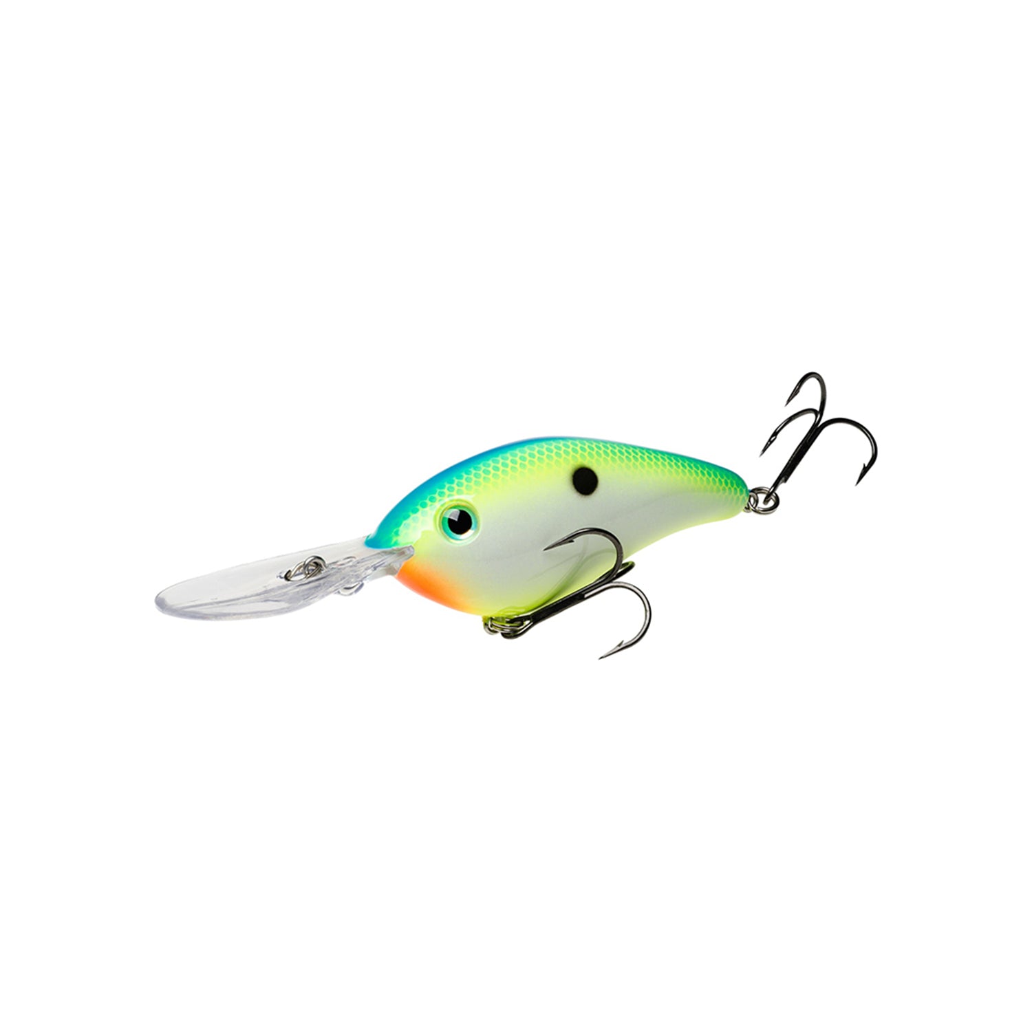 The Strike King 6XD Crankbait is a brightly colored lure with a blue and yellow top, white underside, orange near the mouth, and two treble hooks, designed by Strike King to mimic small fish for extra-deep diving action.