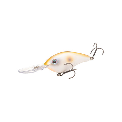 The Strike King 6XD Crankbait by Strike King is a fishing lure shaped like a small fish, featuring a white and yellow body, large plastic lip for deep diving, and two treble hooks underneath and at the tail.