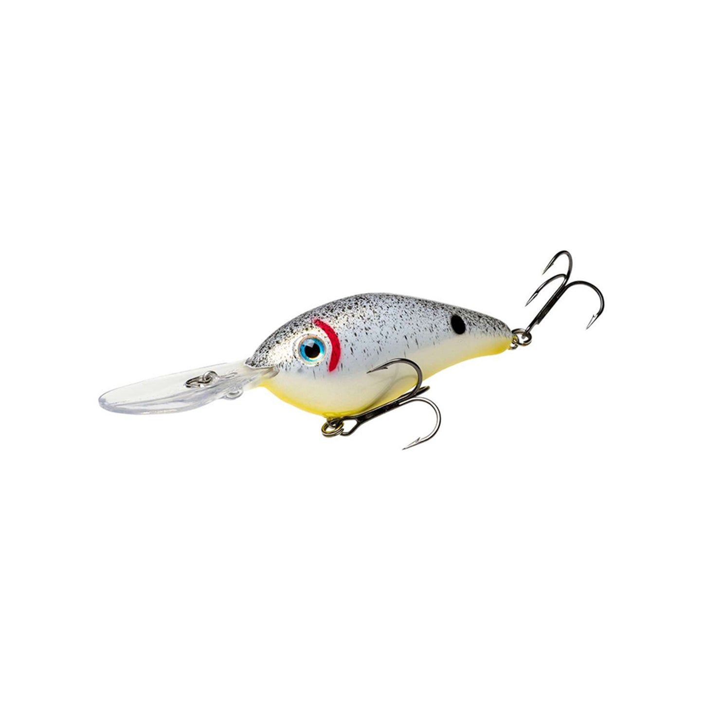 A Strike King 6XD Crankbait by Strike King featuring a silver and white body, yellow belly, two treble hooks, red eye marking, and a clear plastic lip for extra-deep diving.