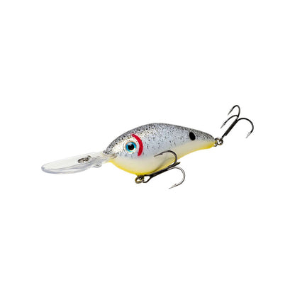 A Strike King 6XD Crankbait by Strike King featuring a silver and white body, yellow belly, two treble hooks, red eye marking, and a clear plastic lip for extra-deep diving.