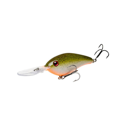 The Strike King 6XD Crankbait is a vibrant fishing lure with a green-orange body, red eye, and two treble hooks. Its clear flat plastic lip allows deep diving, mimicking a small fish—ideal for anglers seeking effective crankbaits.