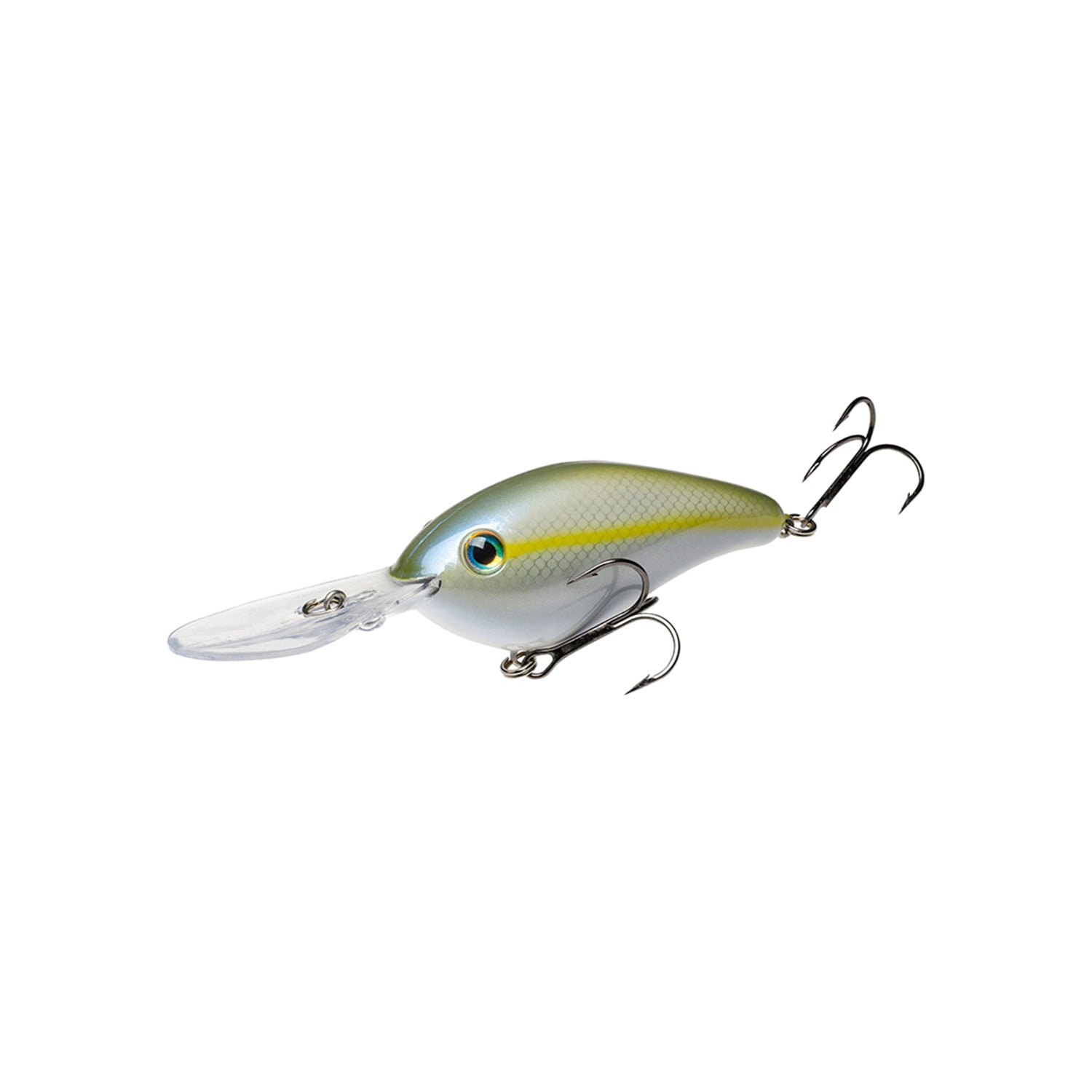 The Strike King 6XD Crankbait by Strike King is a realistic green and silver deep-diving lure with two treble hooks and a clear plastic lip, designed to mimic a small fish.