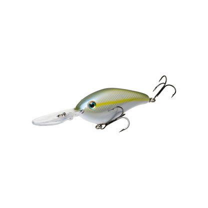 The Strike King 6XD Crankbait by Strike King is a realistic green and silver deep-diving lure with two treble hooks and a clear plastic lip, designed to mimic a small fish.