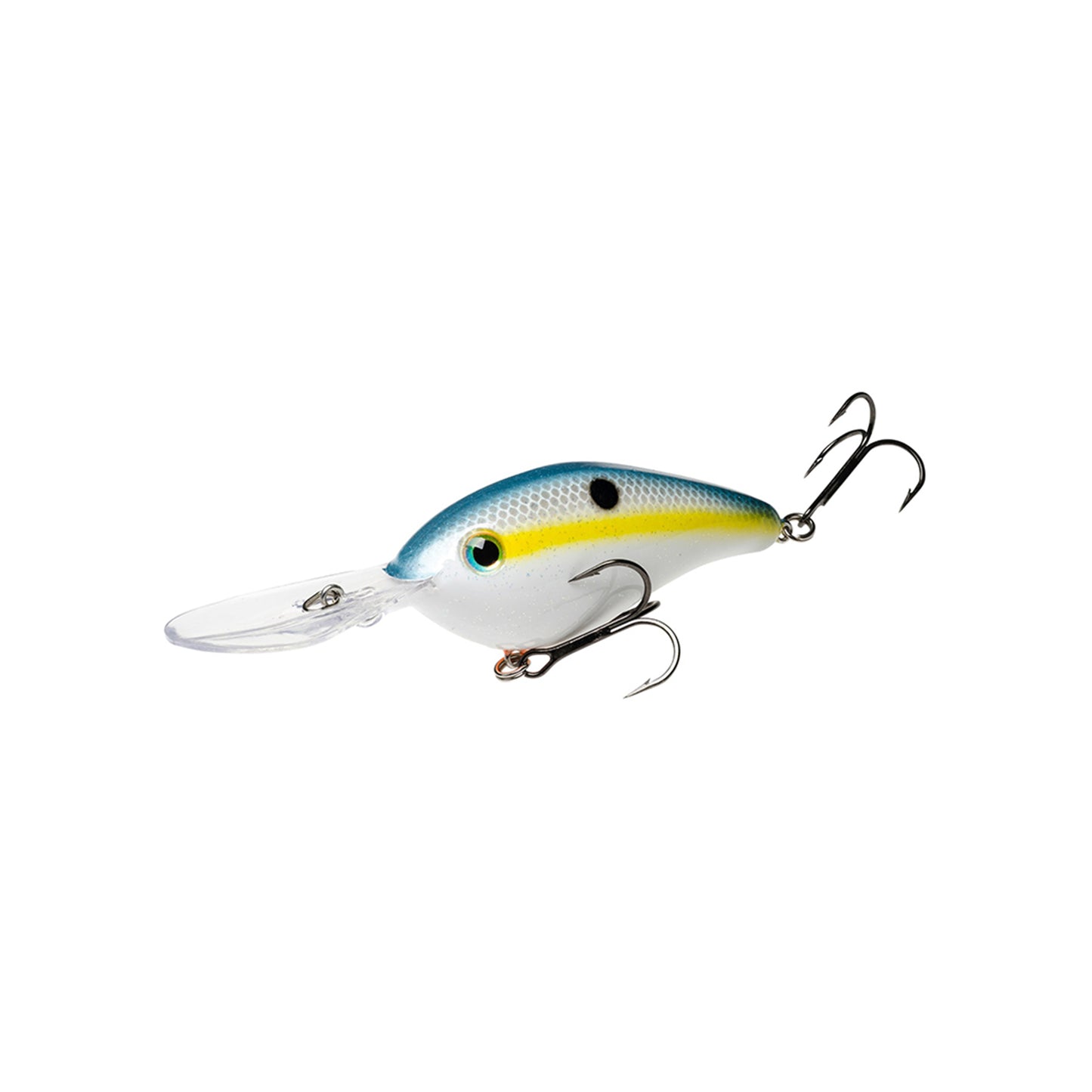 The Strike King 6XD Crankbait by Strike King is a deep diving fishing lure shaped like a small fish, featuring a blue and yellow body with black spots, a clear plastic lip, and two treble hooks.
