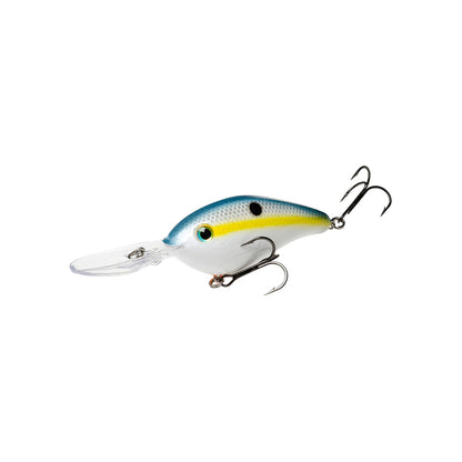 The Strike King 6XD Crankbait by Strike King is a deep diving fishing lure shaped like a small fish, featuring a blue and yellow body with black spots, a clear plastic lip, and two treble hooks.
