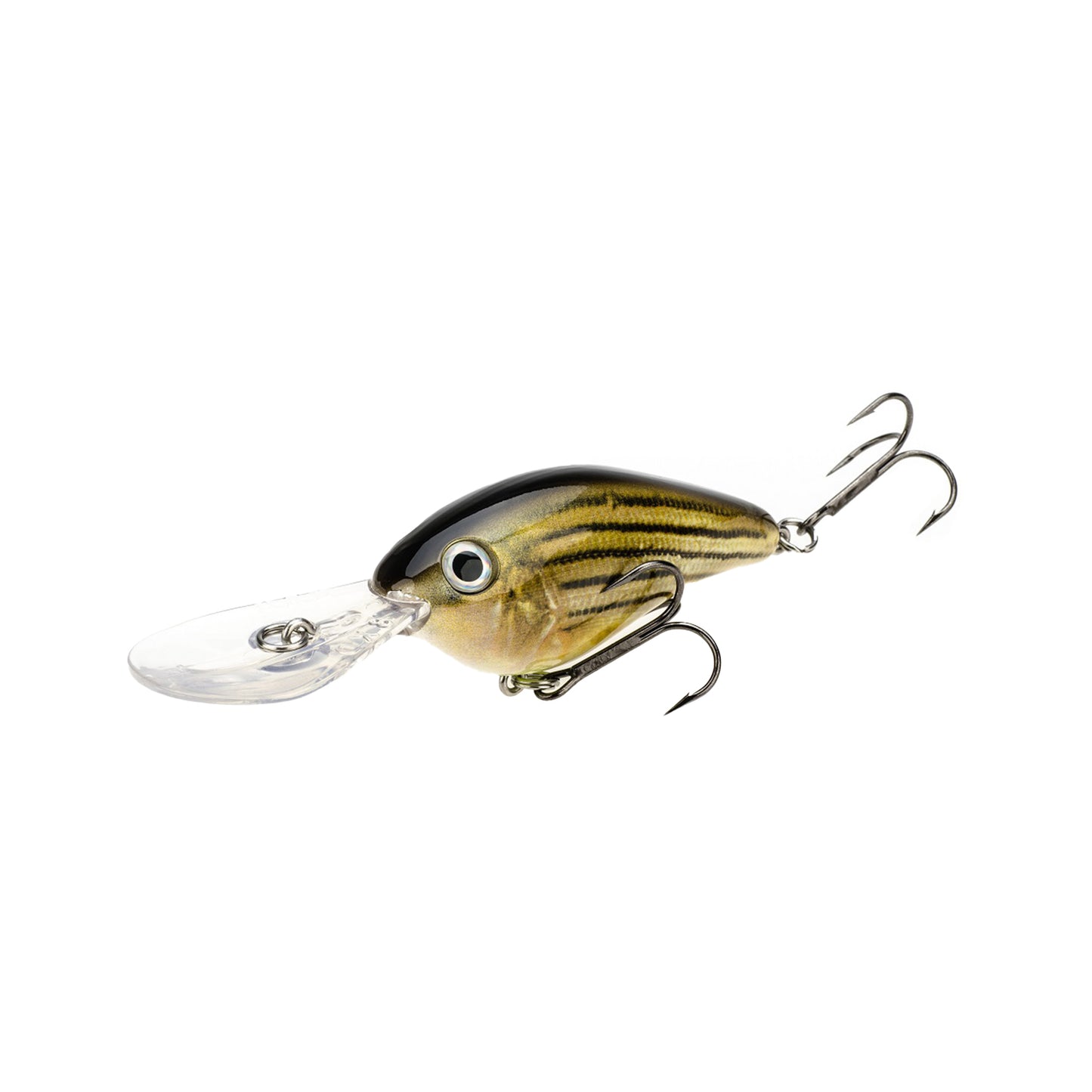 The Strike King 8XD Crankbait by Strike King is a deep diving, fish-shaped lure with a shiny striped body, large clear plastic lip, two treble hooks, and lifelike fish-eye—ideal for bass fishing.