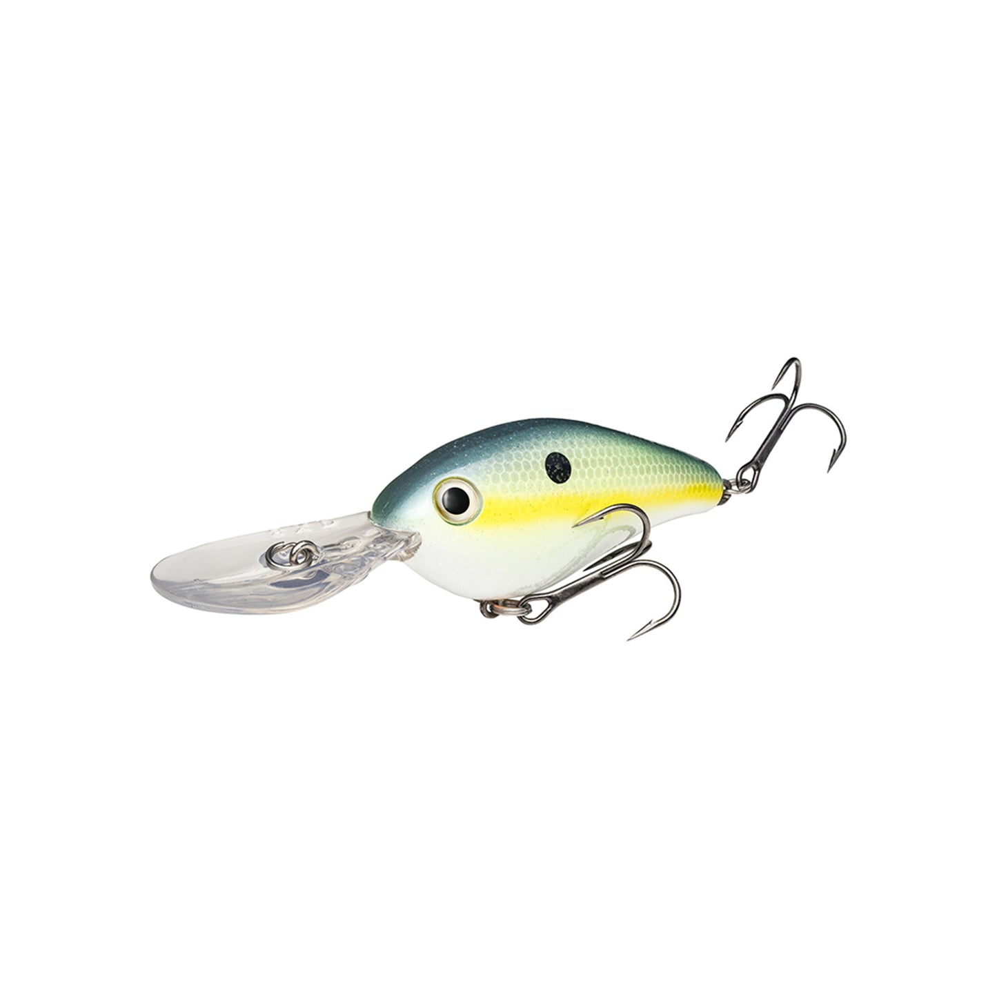 The Strike King 8XD Crankbait is a deep-diving, fish-shaped lure with a green-yellow gradient body, black eye dot, clear plastic lip, and two treble hooks—ideal for bass fishing.