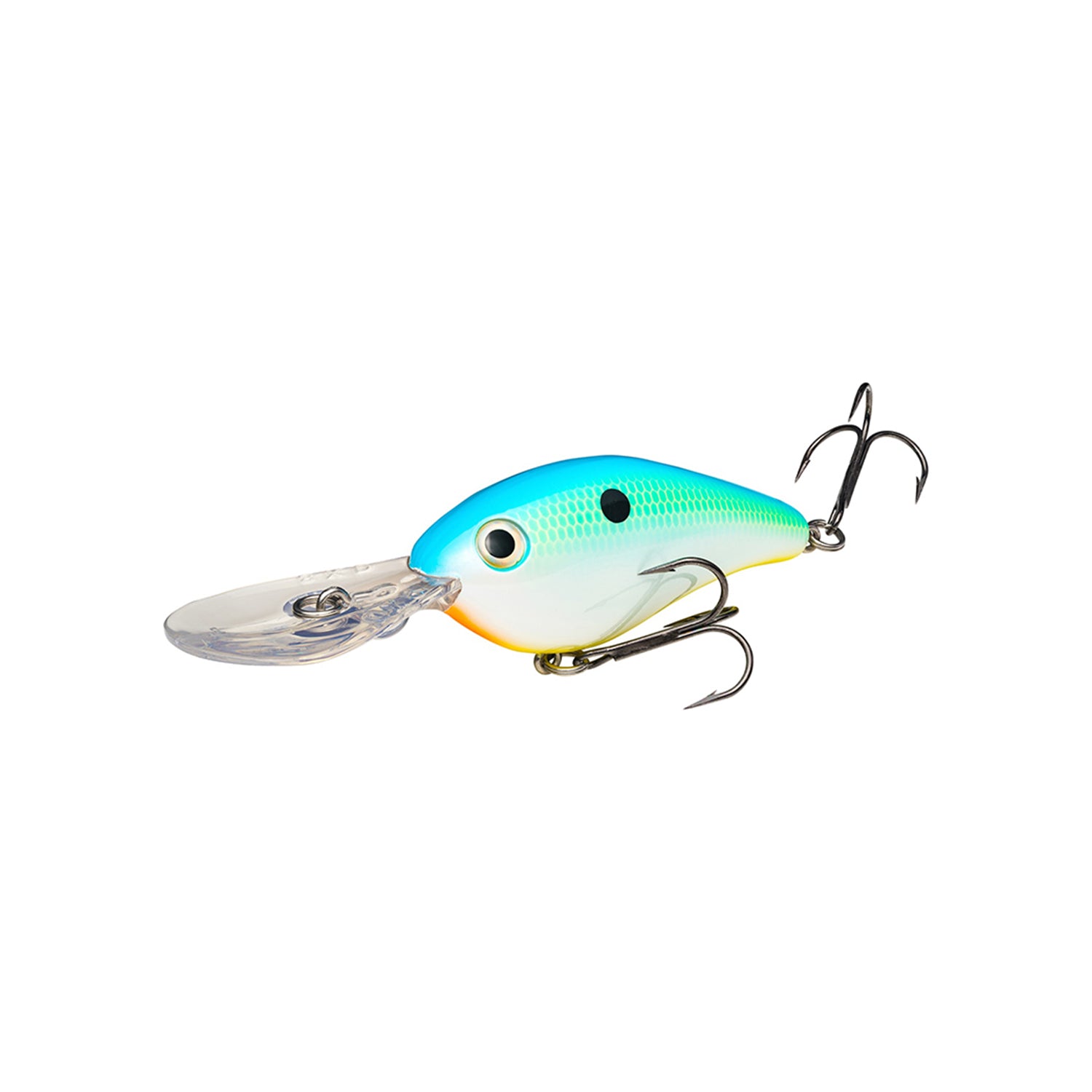 The Strike King 8XD Crankbait by Strike King is a deep diving crankbait for bass fishing, featuring a blue-green top, white belly, large plastic lip, two treble hooks, and a small black side spot. Shown on a white background.