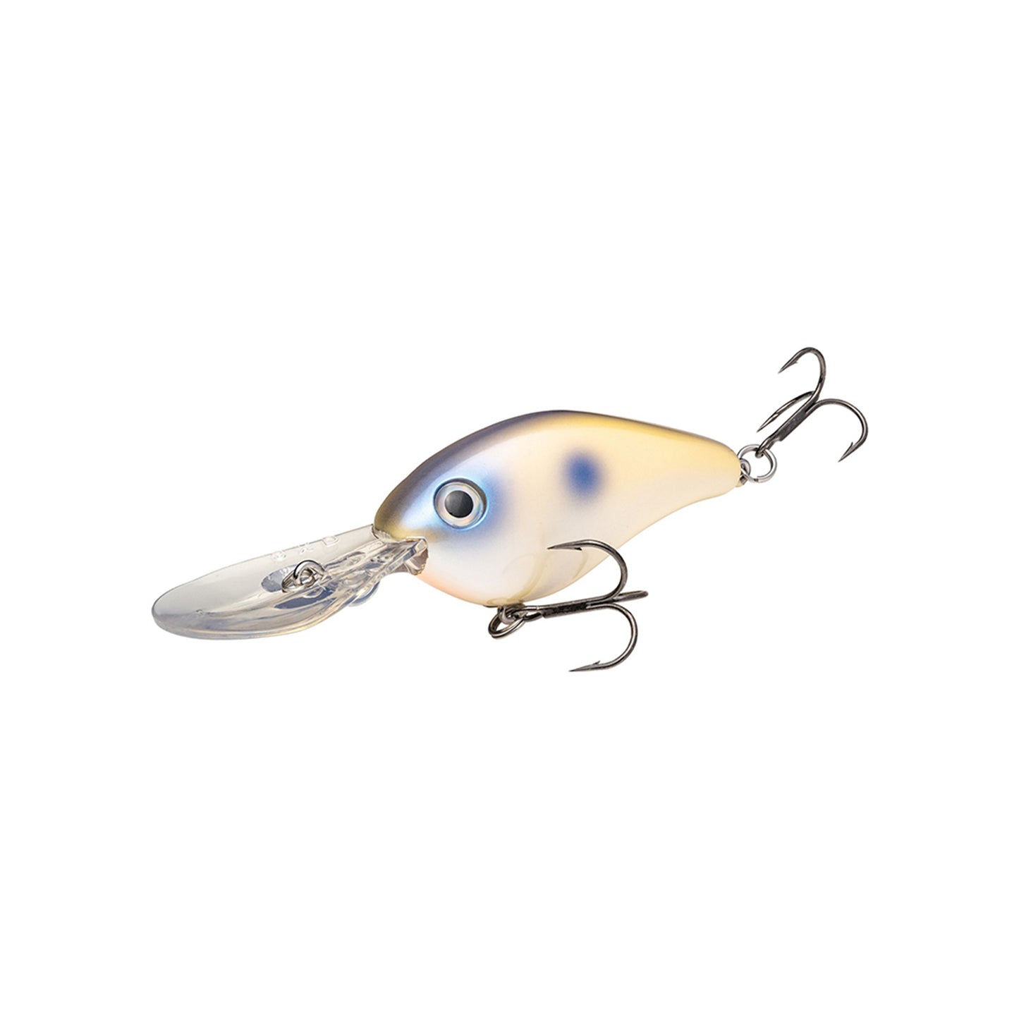 The Strike King 8XD Crankbait, by Strike King, features a deep-diving bulbous body with blue-yellow gradient colors, a large eye, clear plastic lip, and two treble hooks—ideal for bass fishing and shown on a white background.