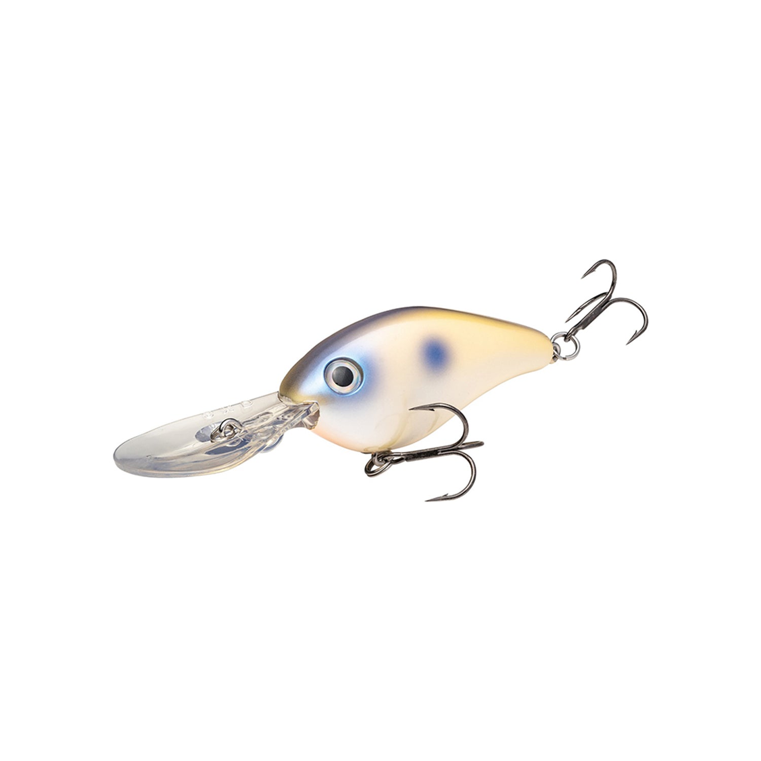 The Strike King 8XD Crankbait, by Strike King, features a deep-diving bulbous body with blue-yellow gradient colors, a large eye, clear plastic lip, and two treble hooks—ideal for bass fishing and shown on a white background.