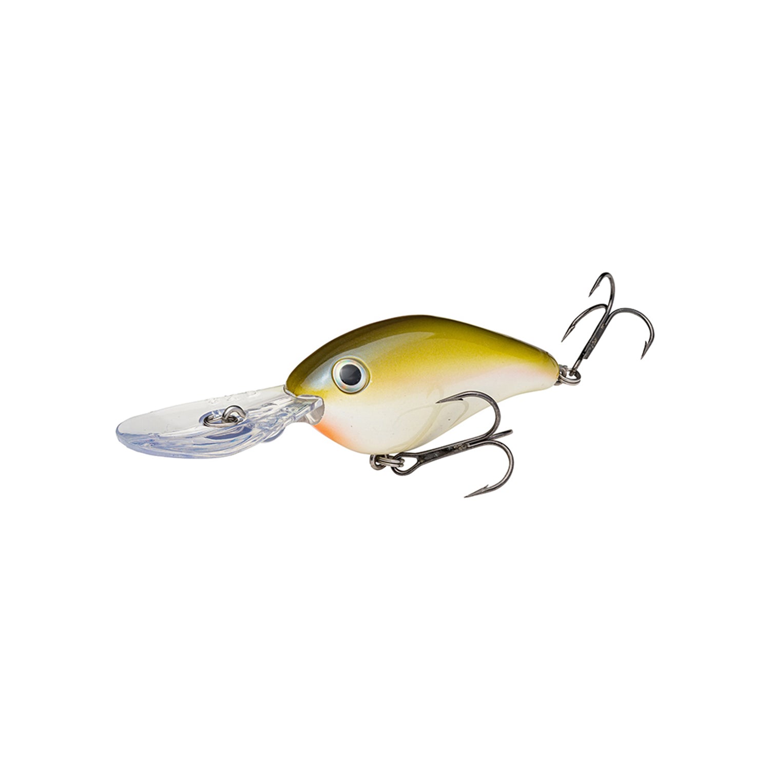 The Strike King 8XD Crankbait by Strike King features a yellow and green body, clear plastic lip, and two treble hooks—ideal for bass fishing—shown on a white background.