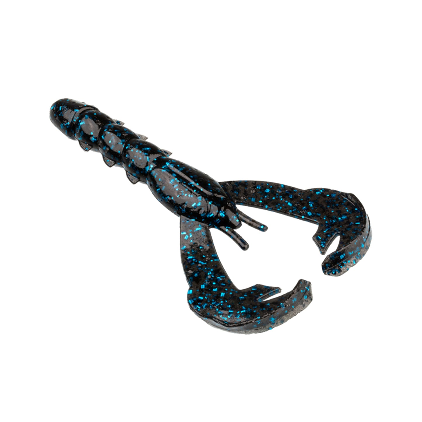 The Strike King Baby Rage Craw 3" 9pk by Strike King features a black and blue speckled soft plastic crawfish design with large claws and a segmented body, perfect for use as a jig trailer or with other craw baits. Set on a white background.