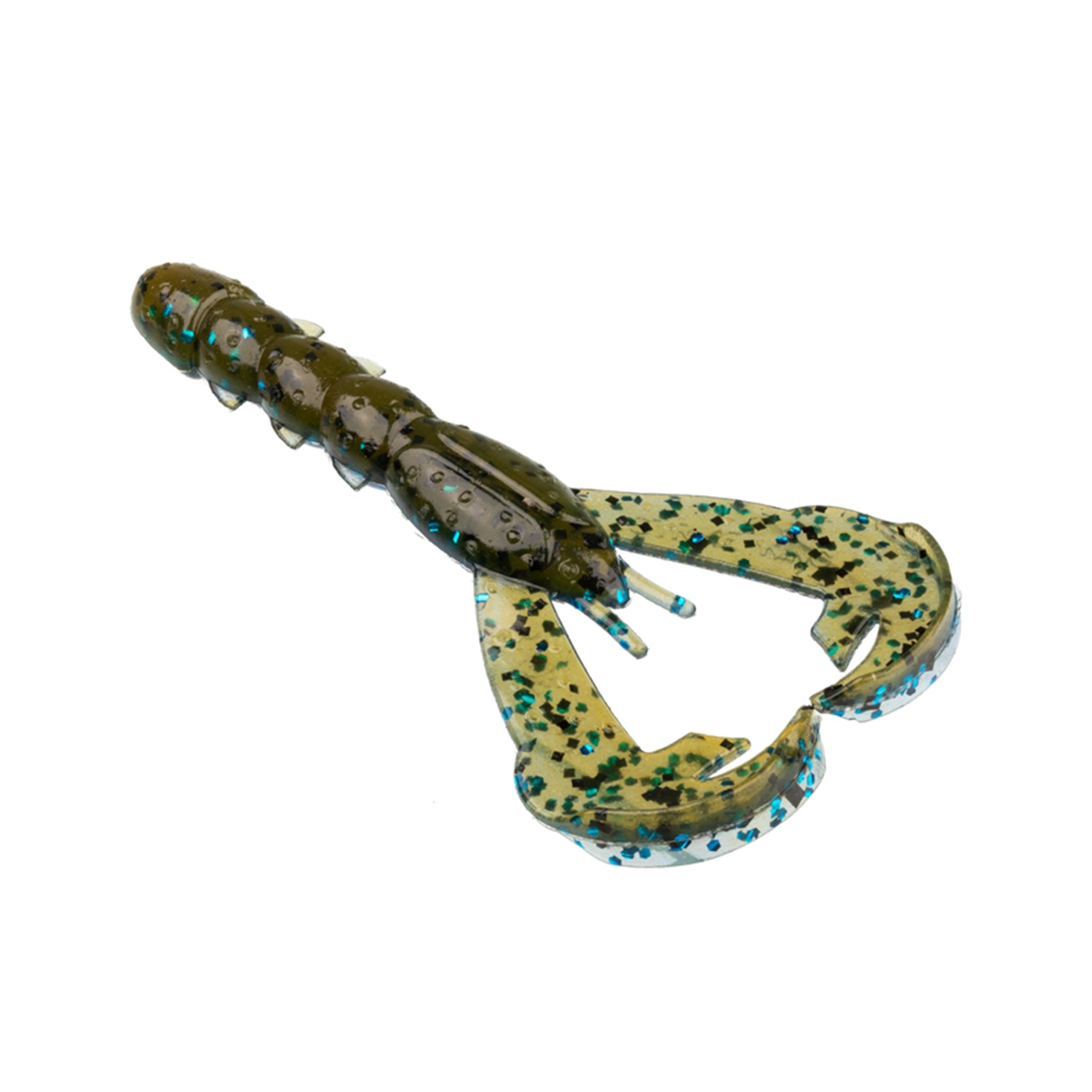 The Strike King Baby Rage Craw 3" 9pk is a soft plastic lure with large claws and a segmented body, ideal as a jig trailer or standalone bait. Its olive green color with blue and black speckles enhances its appeal to fish.