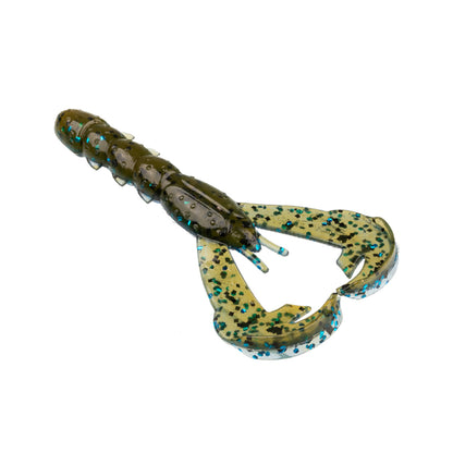 The Strike King Baby Rage Craw 3" 9pk is a soft plastic lure with large claws and a segmented body, ideal as a jig trailer or standalone bait. Its olive green color with blue and black speckles enhances its appeal to fish.