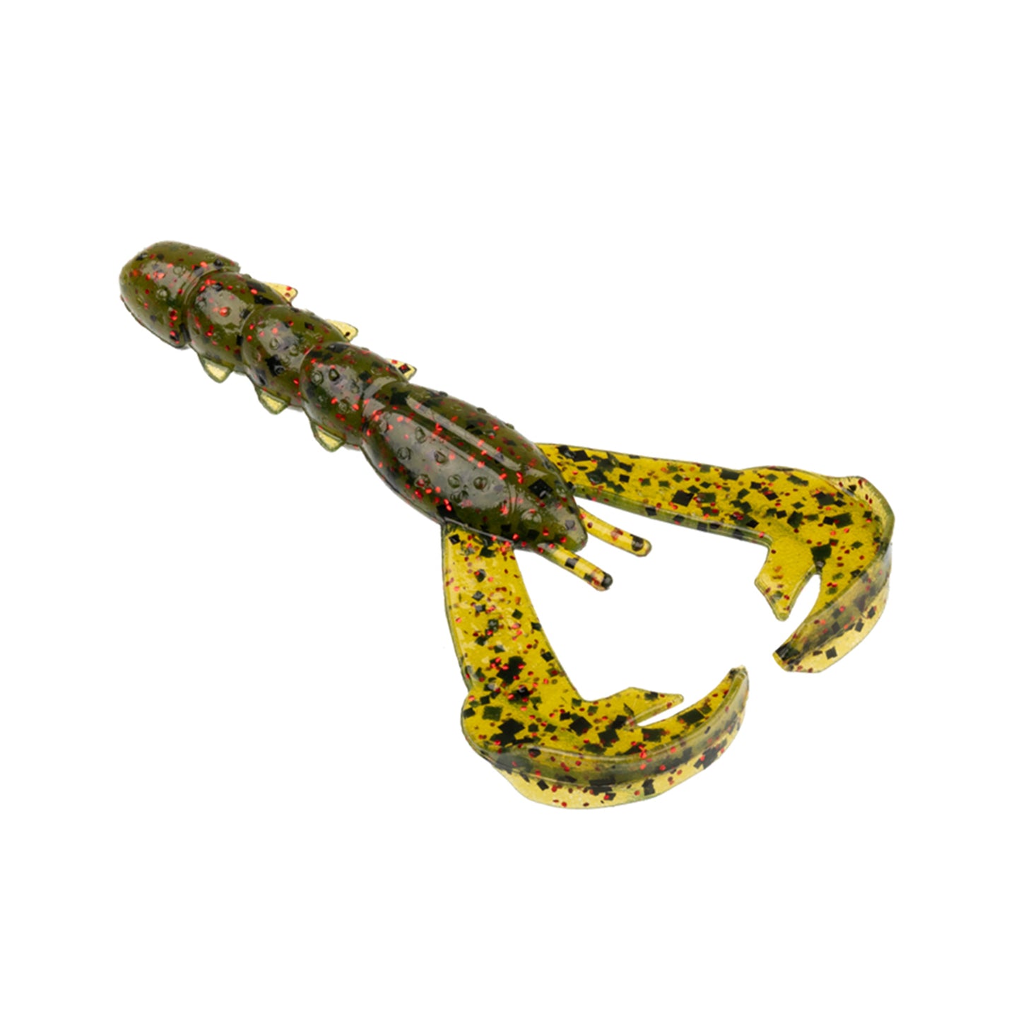 The Strike King Baby Rage Craw 3" 9pk is a green and yellow soft plastic lure with black and red speckles and two large pincers—ideal as a jig trailer or fished alone.