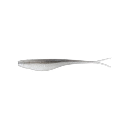 A translucent, silver Strike King Z-Too Soft Jerkbait 3.5" (5pk), shaped like a slender minnow with a forked tail, ideal for dropshot rigs, is shown on a white background.