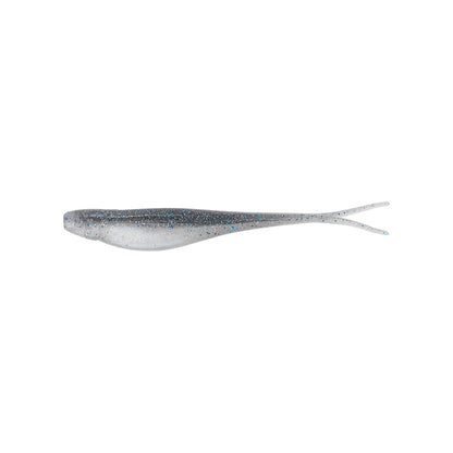 The Strike King Z-Too Soft Jerkbait 3.5" 5pk by Strike King is a silver-gray, slender soft bait with two thin tails and a subtle shimmer, ideal for dropshot rigs, shown on a plain white background.