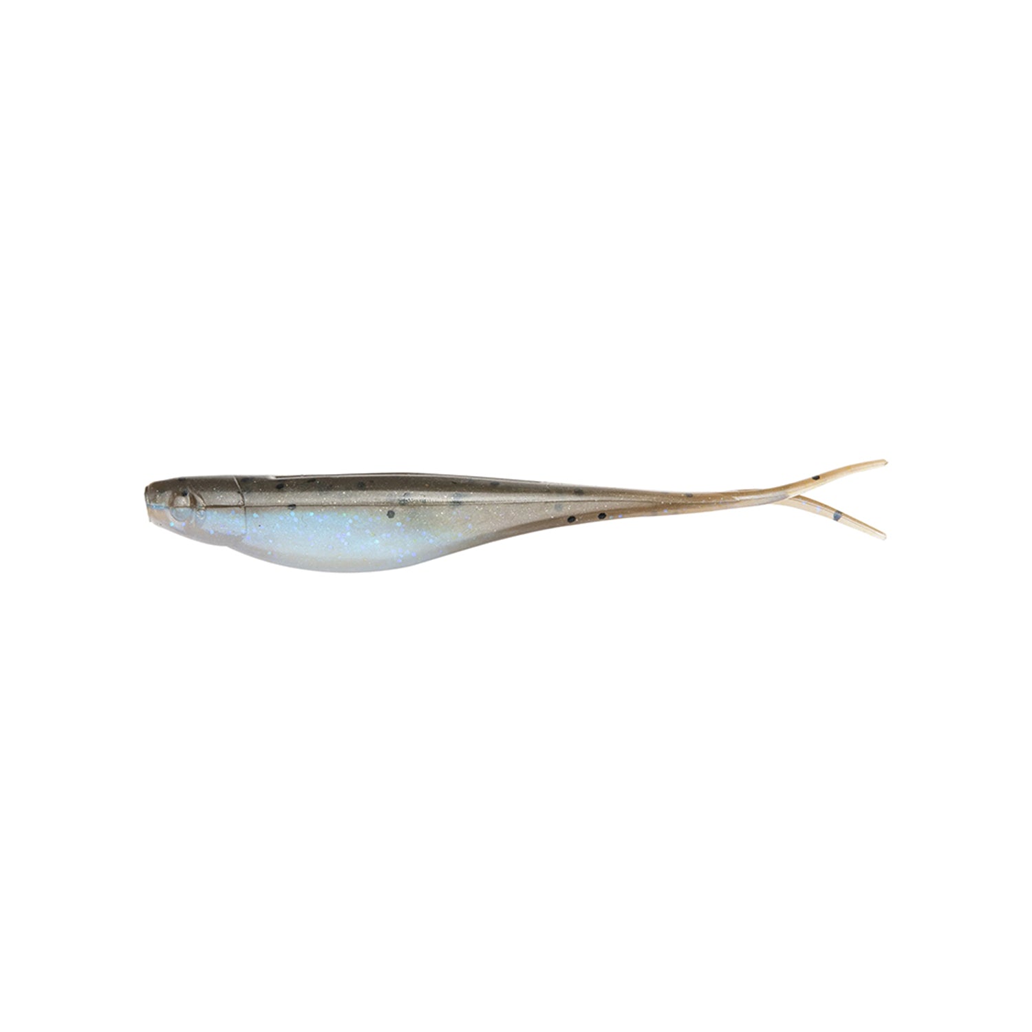The Strike King Z-Too Soft Jerkbait 7" 4pk by Strike King is a soft plastic lure shaped like a small fish with a slender body, forked tail, silver-gray color, and dark spots—ideal for dropshot rigs.