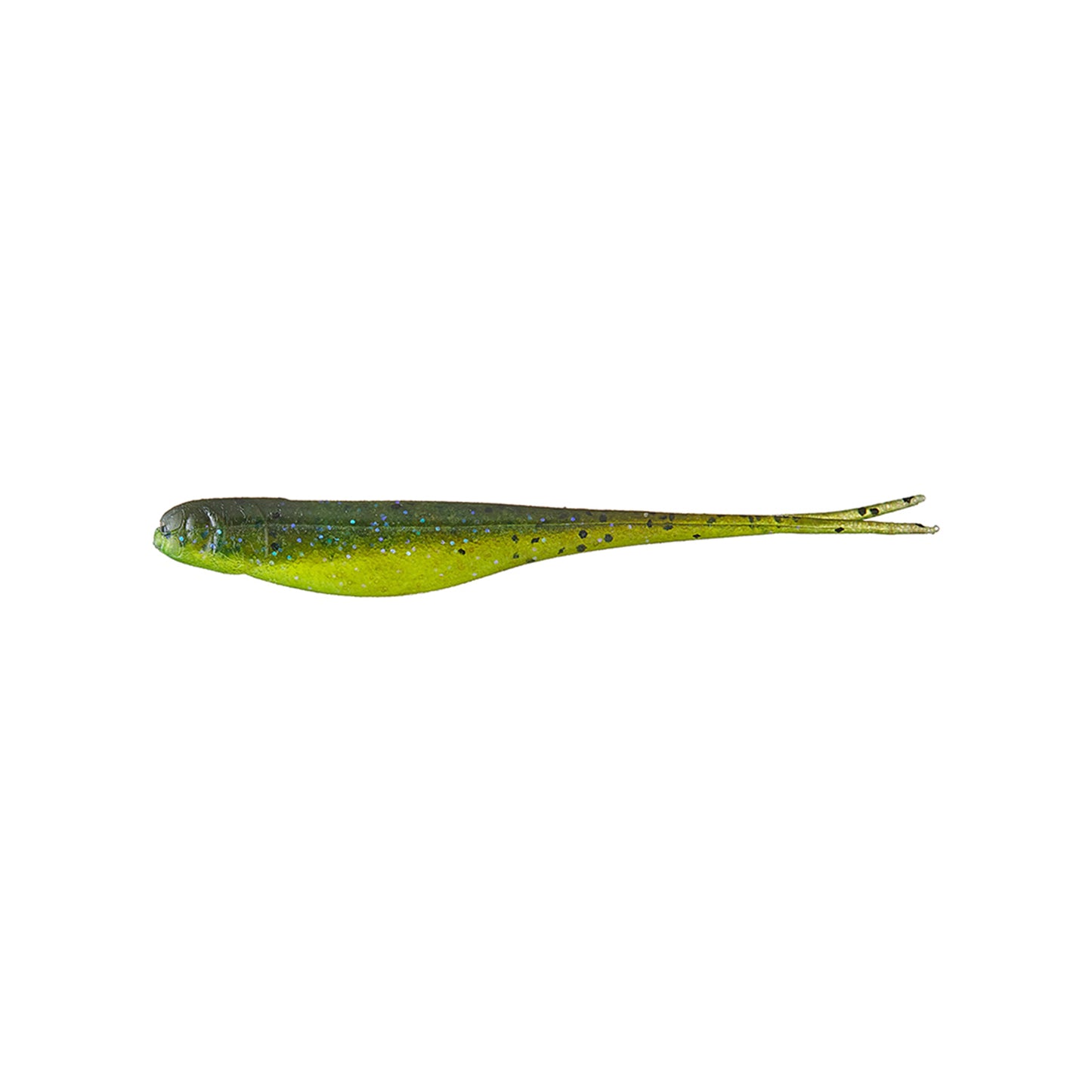 The Strike King Z-Too Soft Jerkbait 3.5" by Strike King features a green/yellow slender body, rounded head, and forked tail with black and blue speckles—ideal for dropshot rigs. Sold as a 5-pack and shown on a white background.