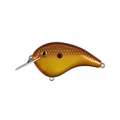 The Strike King Chick Magnet Flatside Crankbait features a gold and bronze scale pattern, black center dot, silver lip, and attachment loops at the front, bottom, and back—ideal for fans of Strike King lures.