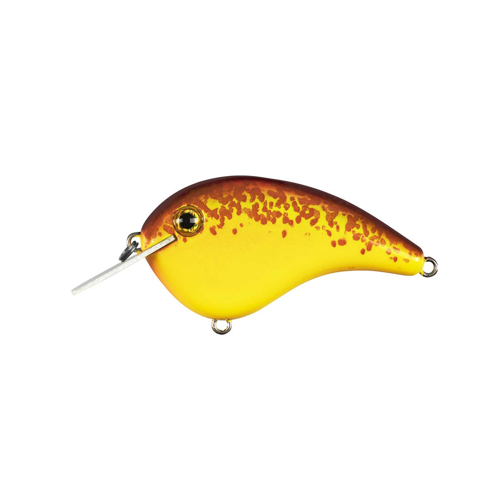The Strike King Chick Magnet Flatside Crankbait by Strike King features yellow flat sides with orange speckles, a black and yellow eye, and a silver metal lip at the front, shown isolated on a white background.