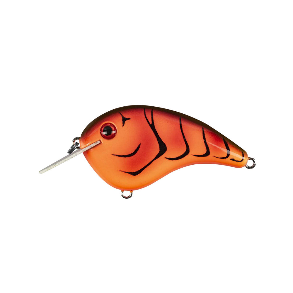 The Strike King Chick Magnet Flatside Crankbait is an orange and red, flat-sided lure with black markings, a silver eye, and a small metal lip, featuring attachment loops on both ends. Displayed on a white background.