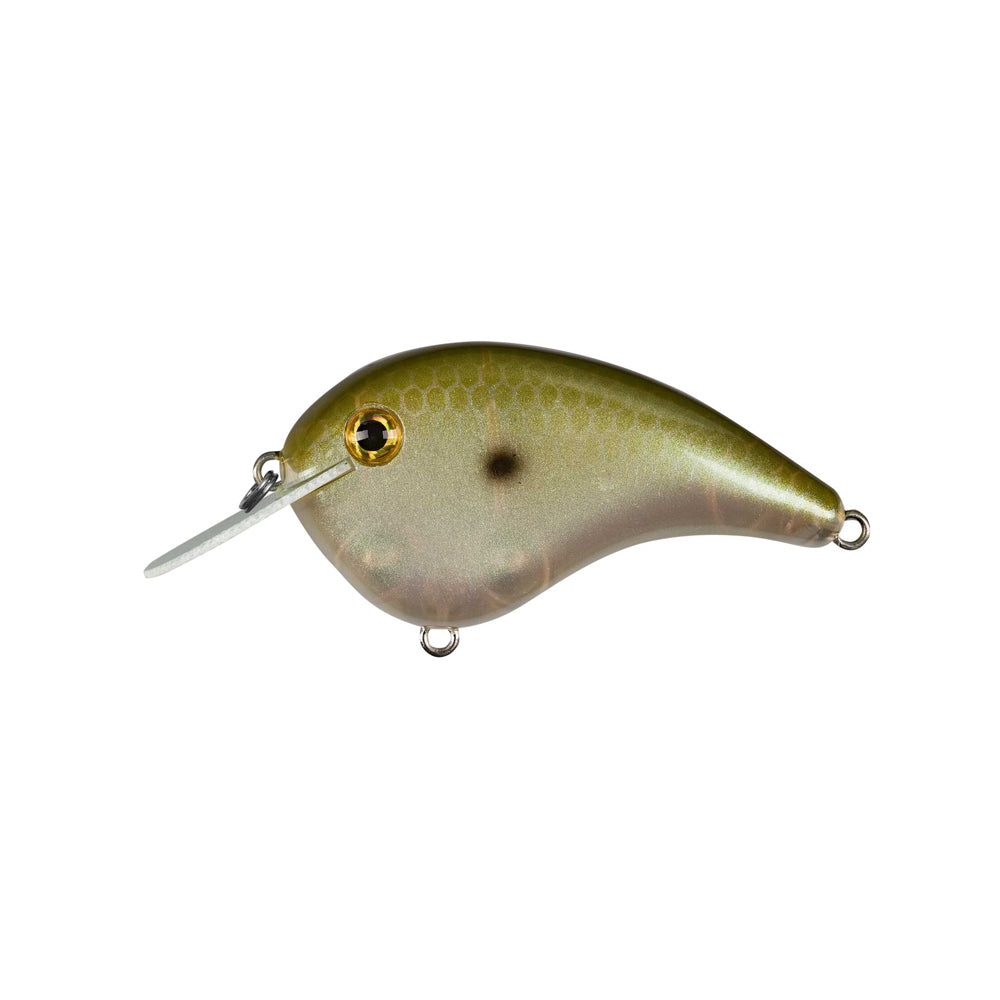 The Strike King Chick Magnet Flatside Crankbait features a golden-green back, yellow eyes, silver underbelly, slightly translucent body with a black spot, and a clear plastic bill for diving.