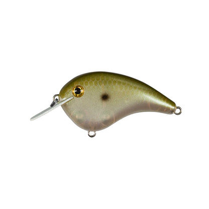 The Strike King Chick Magnet Flatside Crankbait features a golden-green back, yellow eyes, silver underbelly, slightly translucent body with a black spot, and a clear plastic bill for diving.