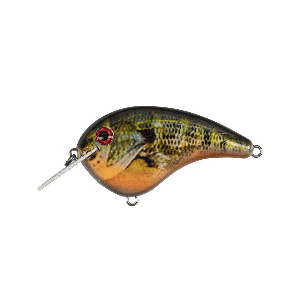 The Strike King Chick Magnet Flatside Crankbait is a fish-shaped, flat-sided lure with a green, yellow, and orange pattern, red eye, silver diving lip, and metal loops for line and hook attachment.