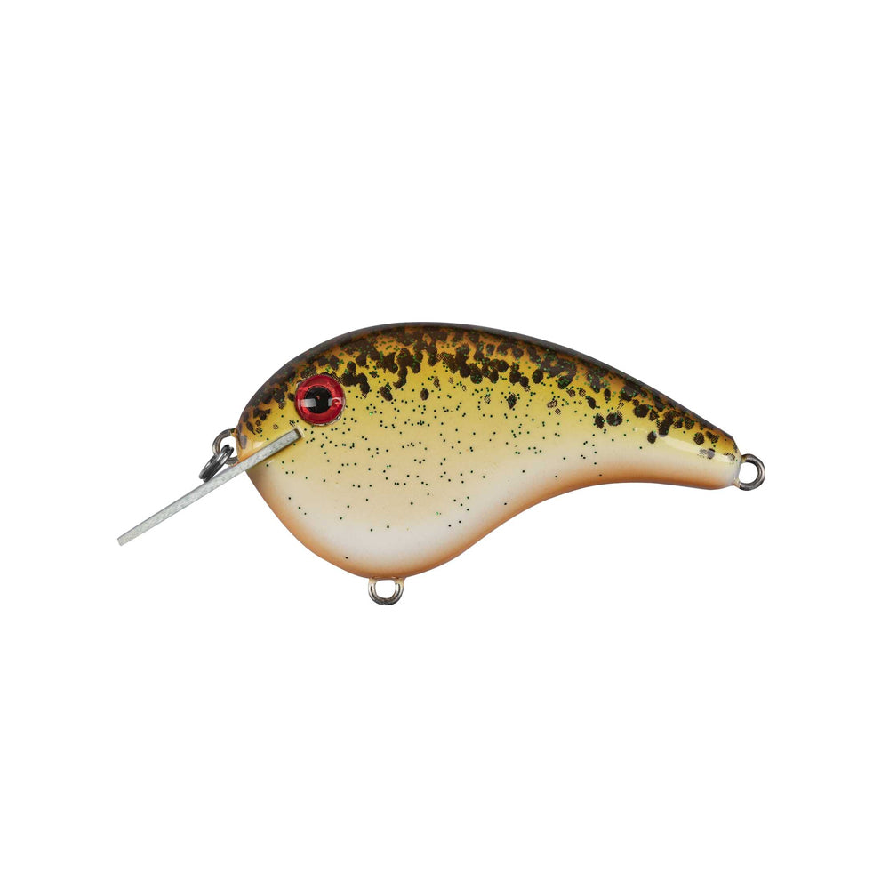 The Strike King Chick Magnet Flatside Crankbait features a curved, oval body in yellow with black speckles, brown top shading, a red and black eye, silver metal lip, and front and bottom attachment loops.