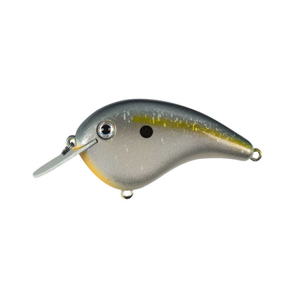The Strike King Chick Magnet Flatside Crankbait by Strike King is a silver and yellow, fish-shaped crankbait with a black side spot, metal lip, and top/back attachment loops, displayed on a white background.