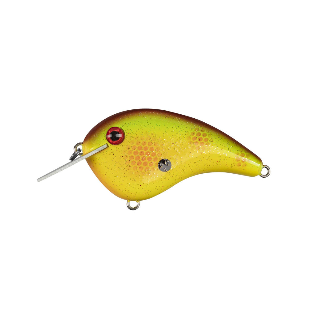 The Strike King Chick Magnet Flatside Crankbait is a yellow and brown, fish-shaped lure with a red eye, metallic side spot, silver lip, and front/bottom loops. It's part of the popular Strike King Chick Magnet line.