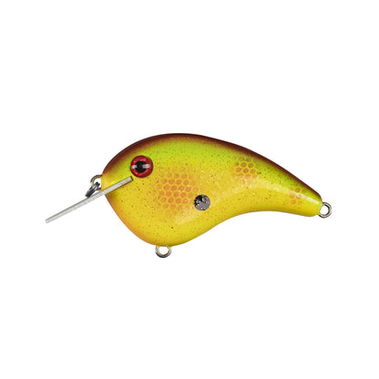 The Strike King Chick Magnet Flatside Crankbait is a yellow and brown, fish-shaped lure with a red eye, metallic side spot, silver lip, and front/bottom loops. It's part of the popular Strike King Chick Magnet line.